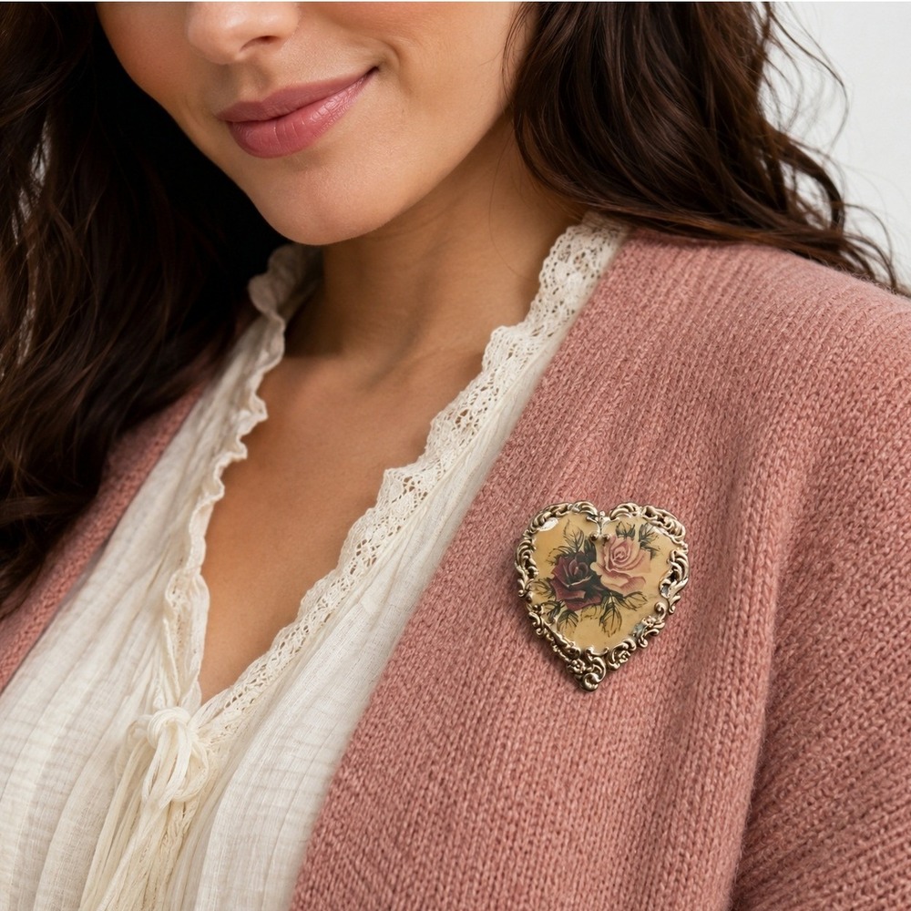 Vintage Silver Tone Heart Brooch Pink Rose Floral Romantic Victorian Pin